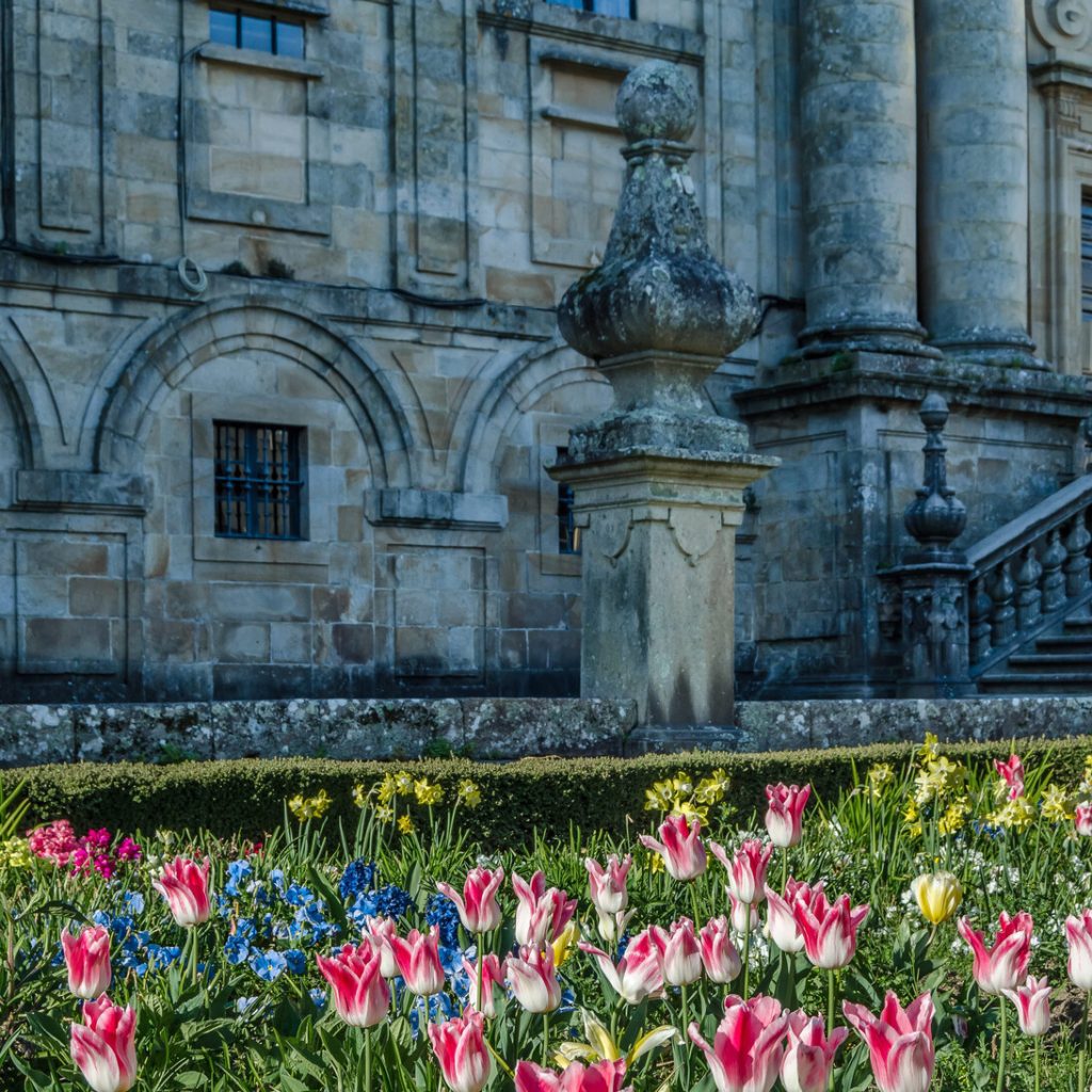 Stone historic building with arched windows and a pedestal in a formal garden of pink tulips and blue flowers